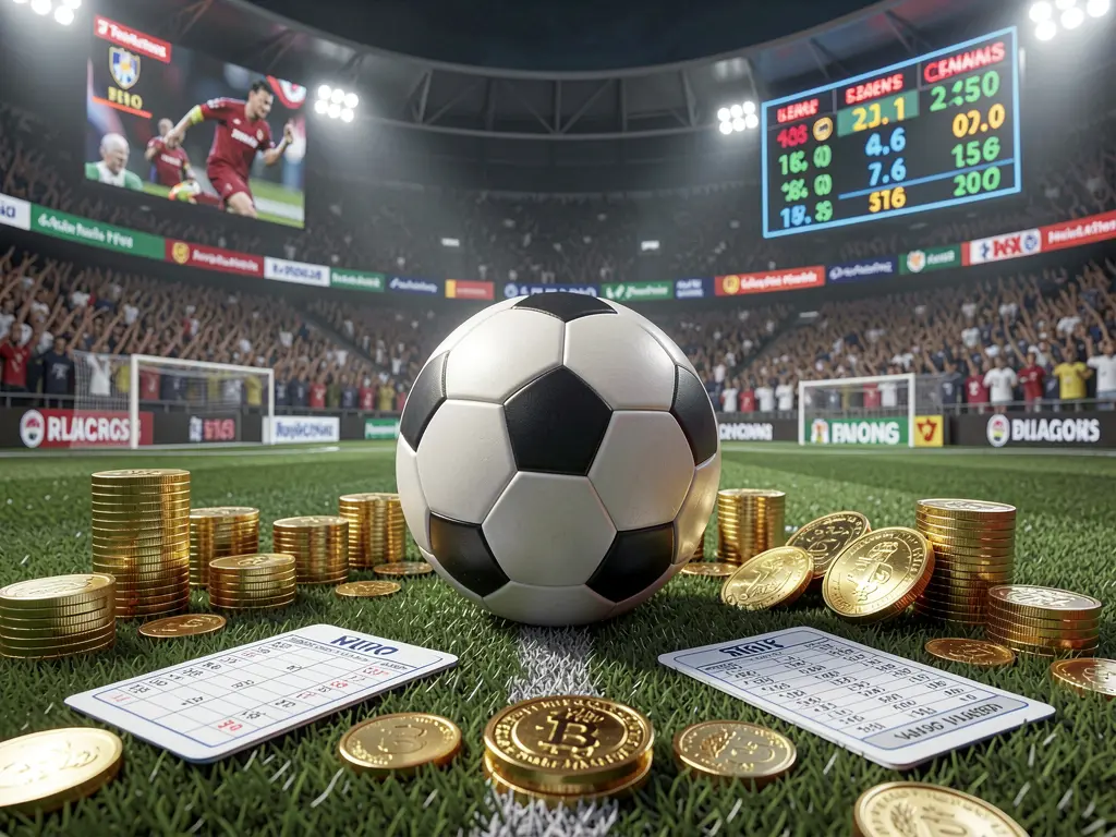 Realistic 3D render of a premium sports betting scene by 8899OK featuring a football field with a stadium crowd, a soccer ball, golden coins, betting slip elements, and neon odds panels