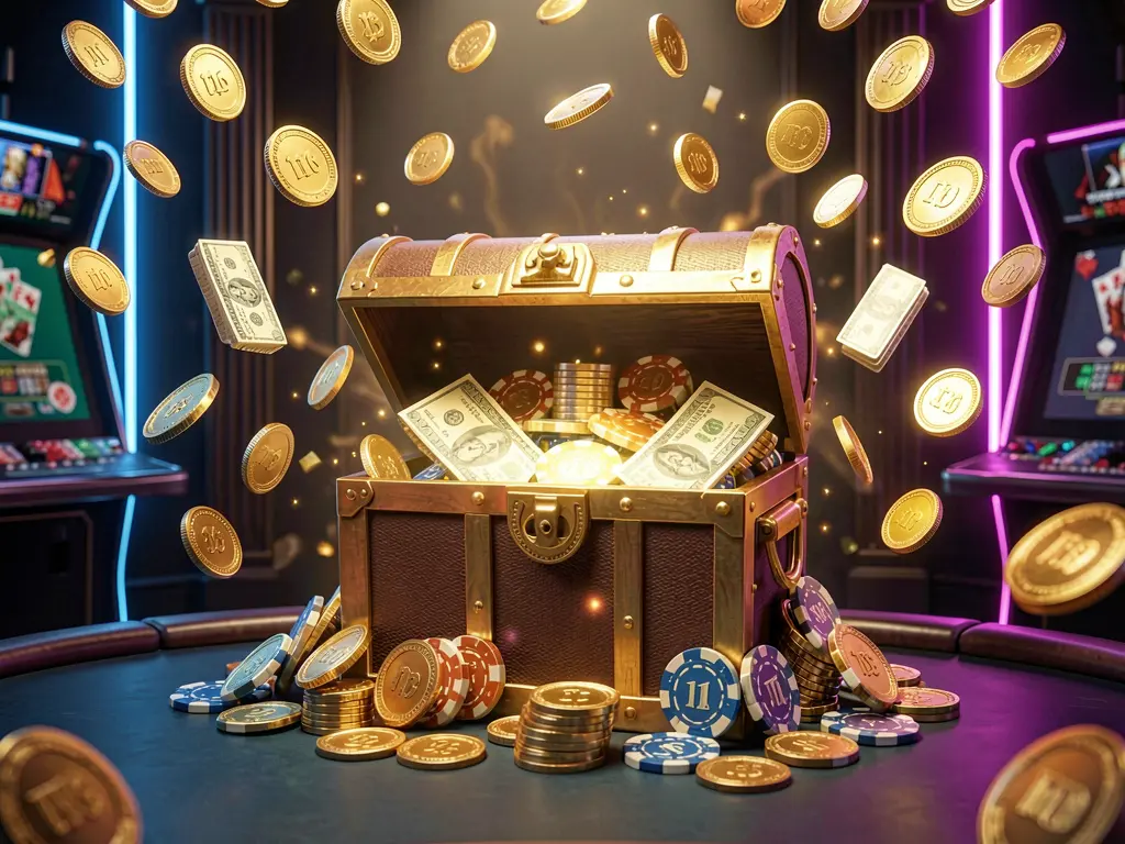 A premium online casino bonus hero banner for 8899OK featuring golden coins flying in the air and a glowing treasure chest full of chips and cash against a luxury dark background with neon accents, creating a festive and elegant casino atmosphere with high detail and cinematic 3D realistic lighting