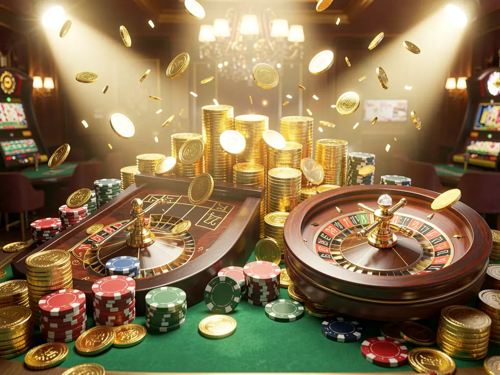 8899OK casino jackpot scene featuring golden coins, poker chips, and a roulette wheel with bright glowing lights in a luxury celebration atmosphere