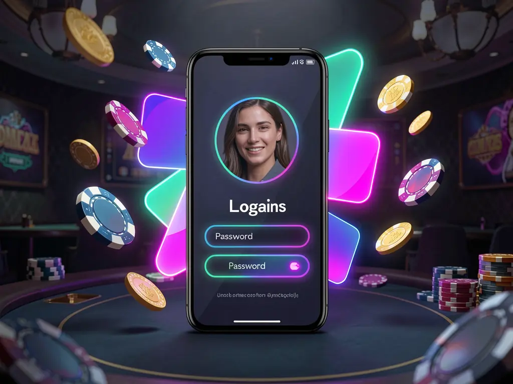Mobile casino login screen on phone with user profile and password fields as abstract UI shapes, neon glow, flying chips and coins in a dark premium casino atmosphere featuring 8899OK branding